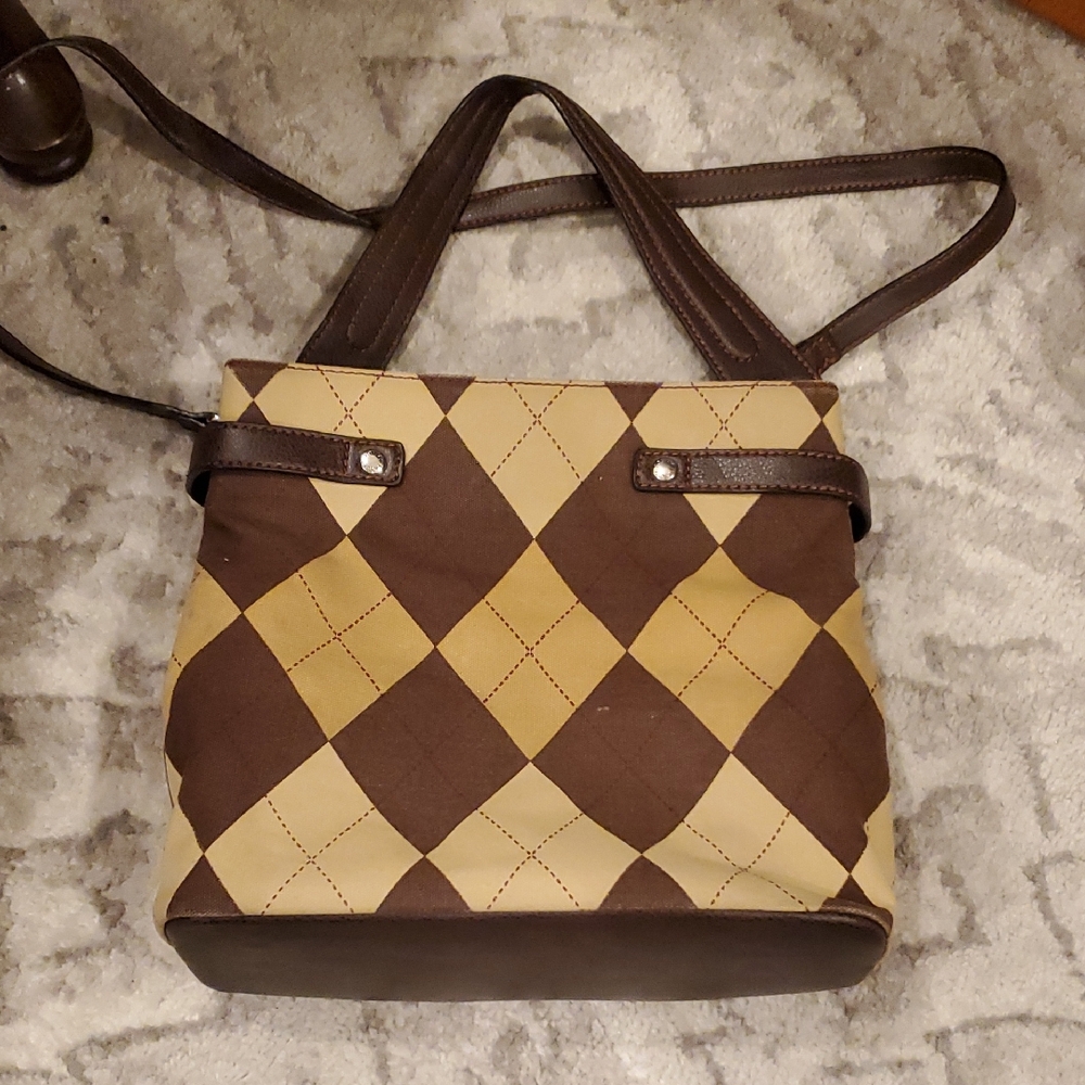 Tommy Hilfiger Brown and Cream Argyle Canvas Tote With Vegan Leather